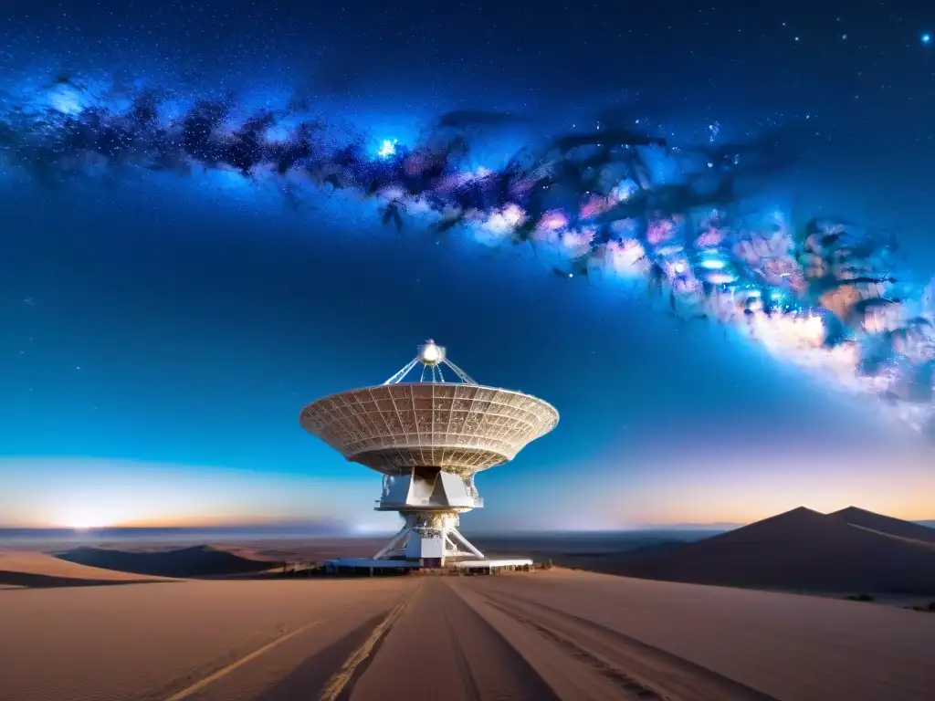 Un vasto desierto bajo un cielo estrellado, telescopios apuntando al cosmos, buscando vida inteligente en el espacio