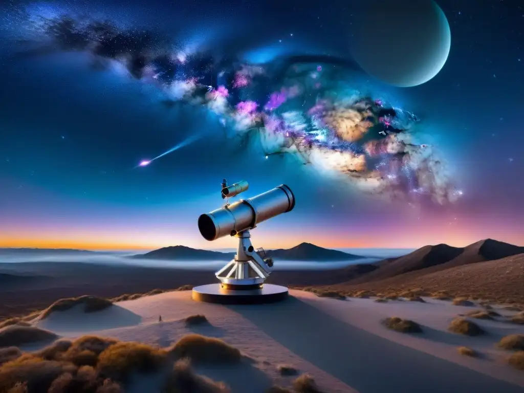 Explora el vasto universo lleno de galaxias, estrellas y nebulosas, con un array de telescopios futuristas buscando Señales de tecnología alienígena