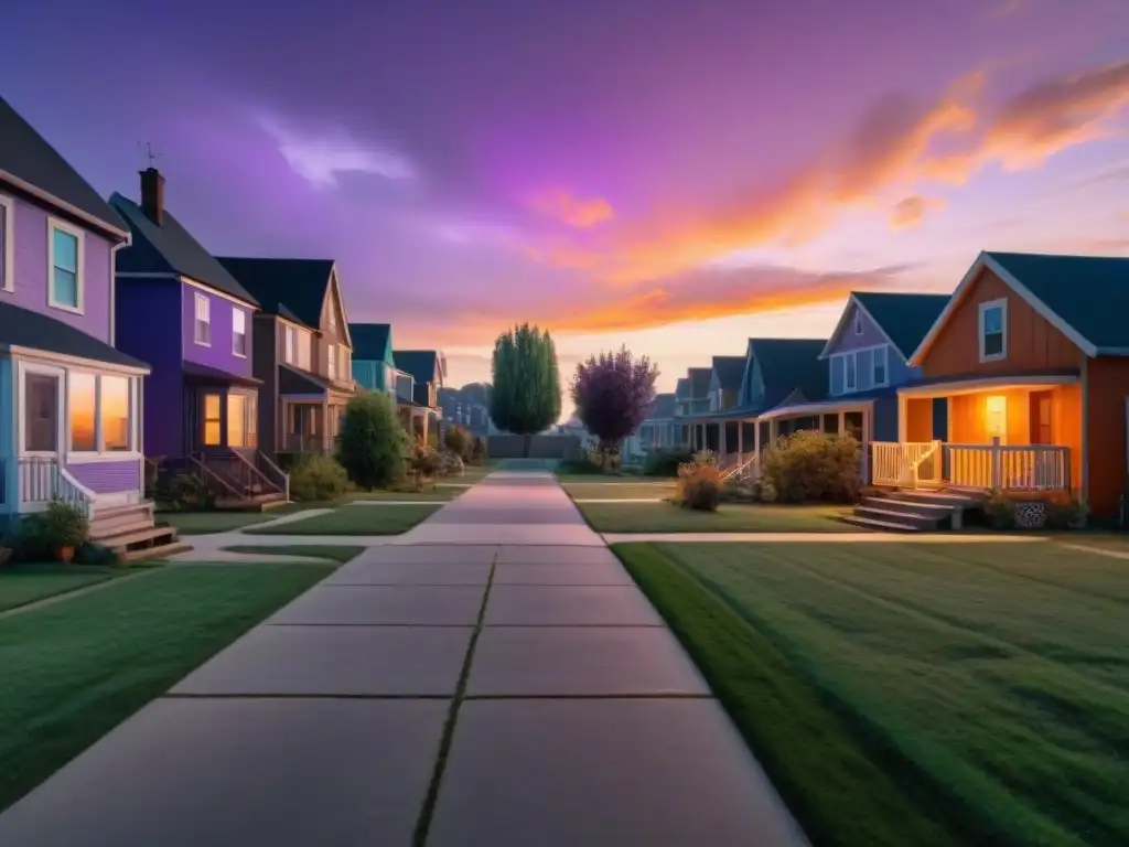 Un vecindario suburbano abandonado al atardecer con cielo morado y naranja