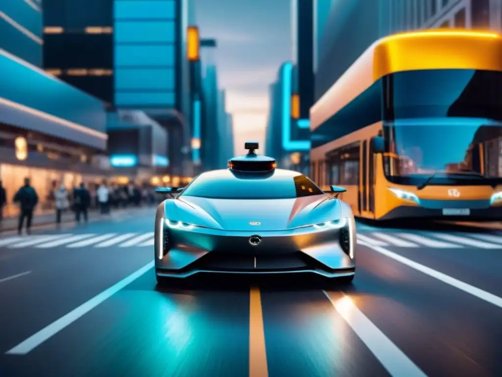 Vehículo autónomo futurista integrado en la ciudad, tecnológico y moderno