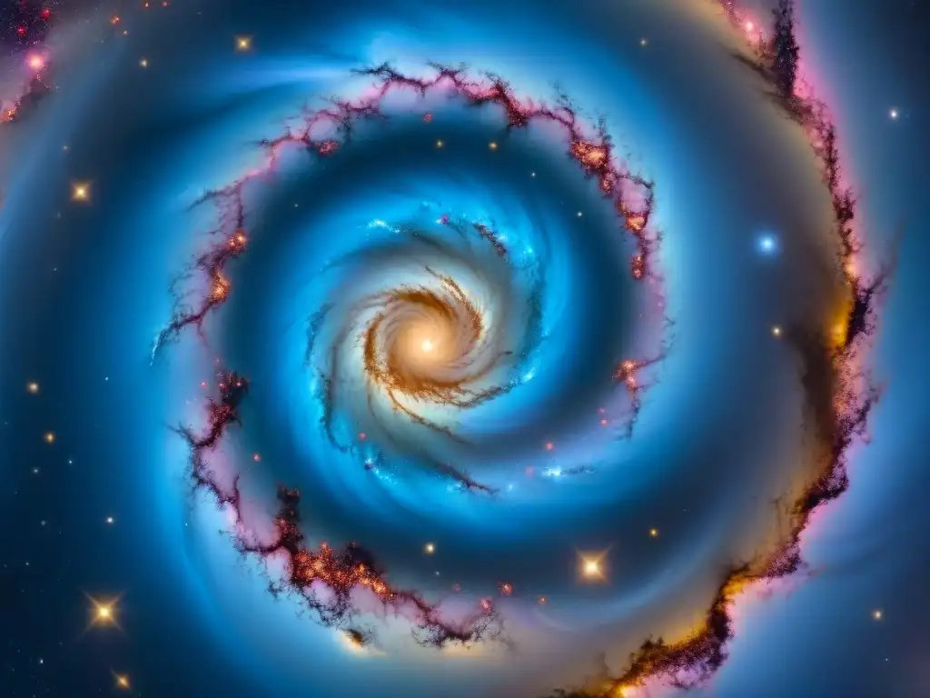 Viaje en la astrofísica estelar: una galaxia espiral masiva con brazos detallados, estrellas azules, nebulosas rosadas y un núcleo brillante