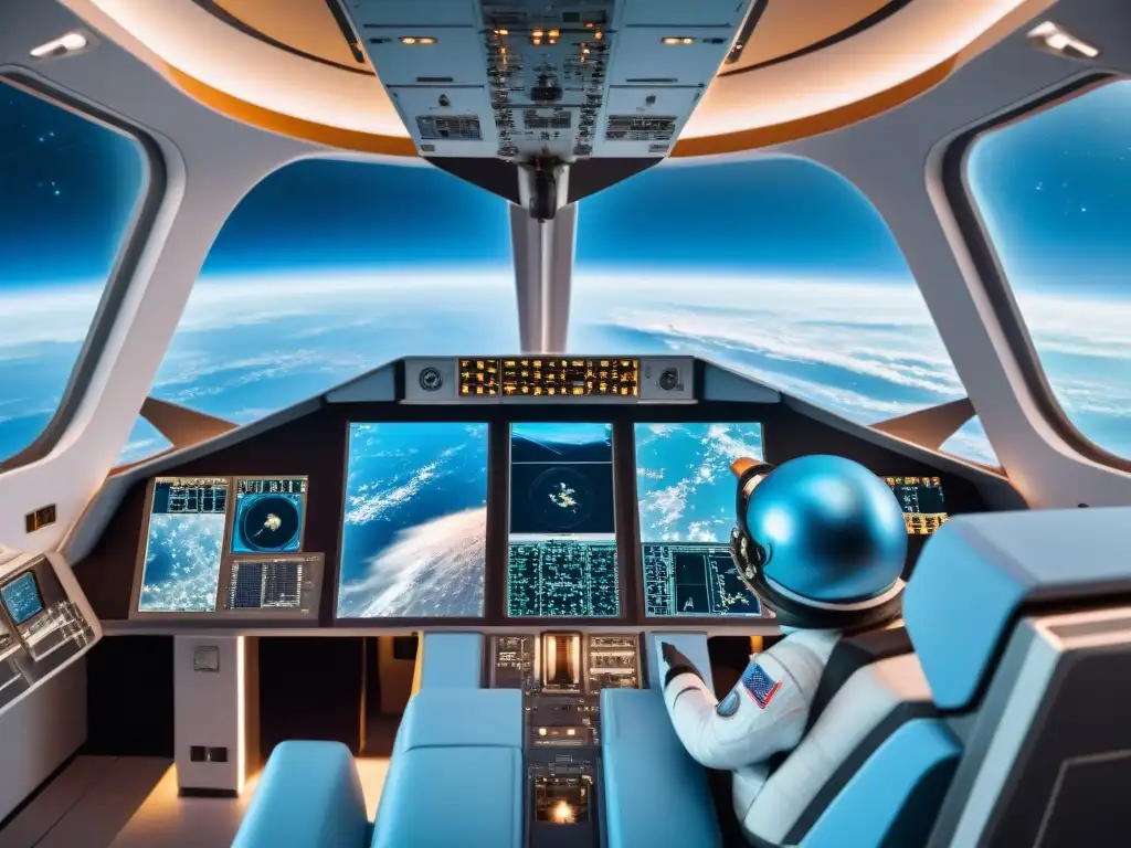 Un viaje espacial inmersivo en una nave futurista con tecnología avanzada y vistas de la Tierra desde el espacio
