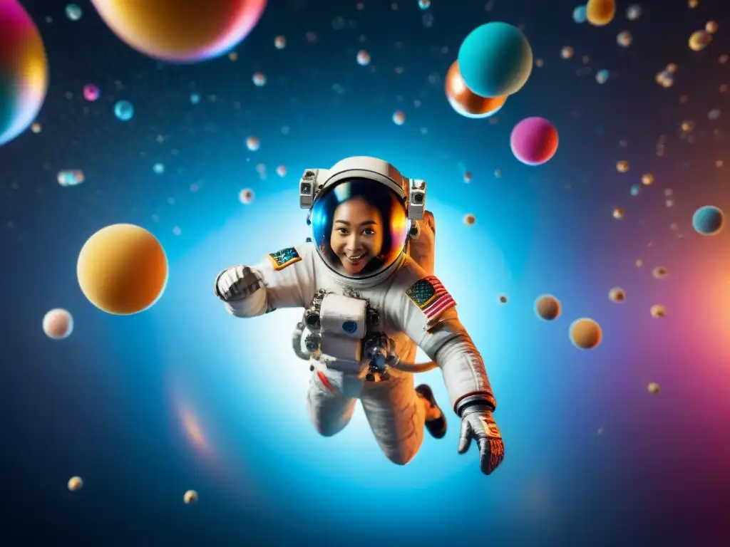 Exploración en gravedad cero: astronauta maravillado Viaje fascinante en gravedad cero: astronauta experimentando con objetos flotantes coloridos