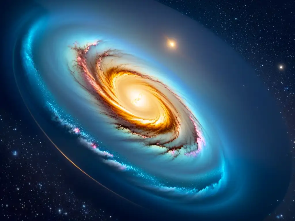 Un viaje a través del cosmos: una galaxia espiral con polvo estelar y cúmulos brillantes, vista con un telescopio para observar galaxias lejanas