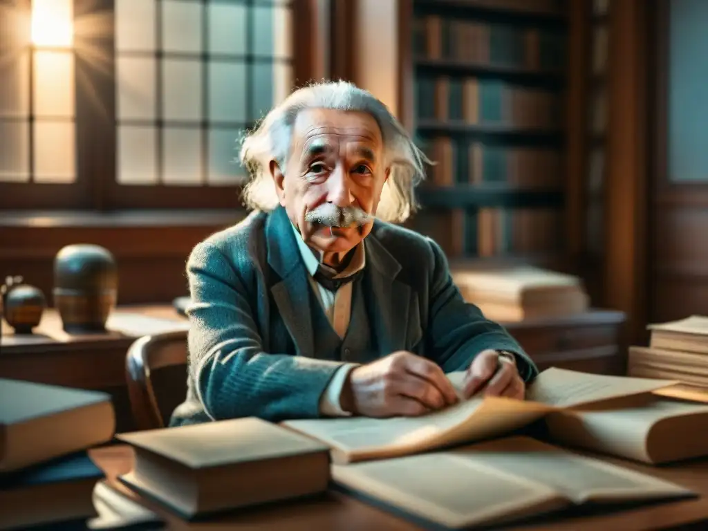 Viaje de Albert Einstein por el universo: pensativo, rodeado de ecuaciones, libros y luz cálida, en profunda exploración