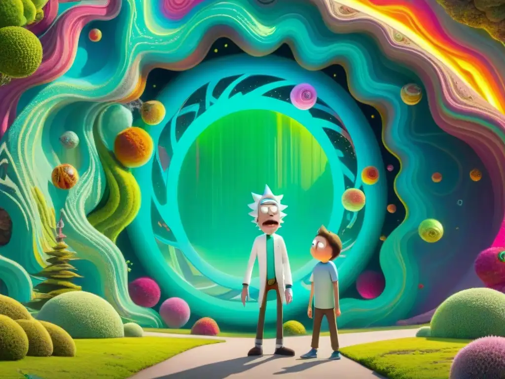 Viajes interdimensionales en Rick y Morty: Rick ajusta su pistola de portal mientras Morty observa asombrado