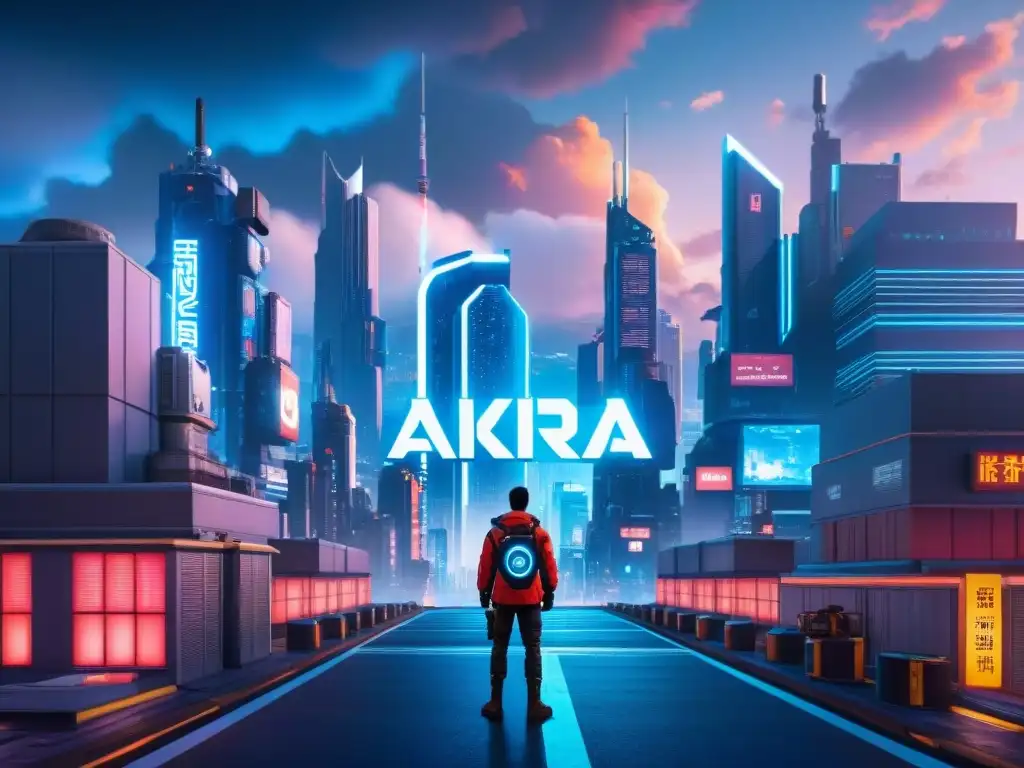 Akira: Ciudad futurista cyberpunk en 8k ultra HD Vibrante ciudad futurista inspirada en el legado Akira anime ciencia ficción, con rascacielos neón y holograma icónico