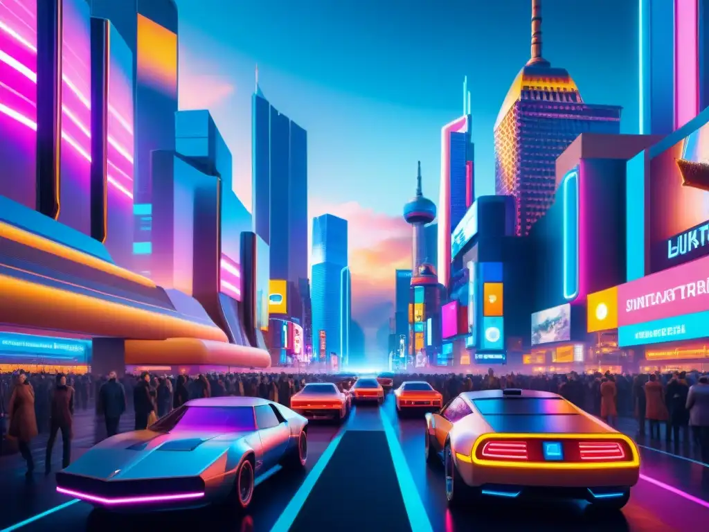 Vibrante ciudad futurista con rascacielos metálicos y autos voladores, evocando la nostalgia del Retros Futurismo