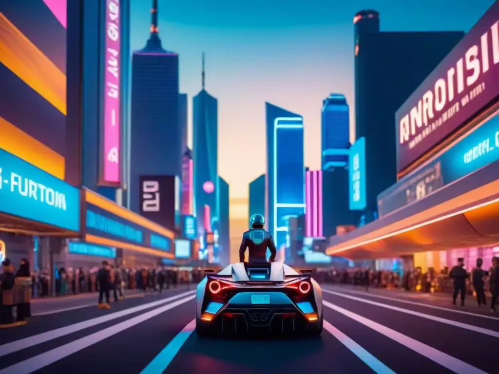 Vibrante ciudad retrofuturista al anochecer con rascacielos metálicos, autos voladores y hologramas futuristas en un escenario estelar