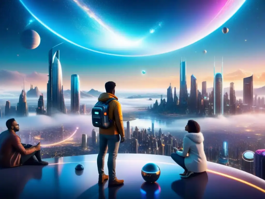 Un vibrante club de lectura ciencia ficción en una metrópolis futurista en un planeta distante, con rascacielos iluminados y alienígenas