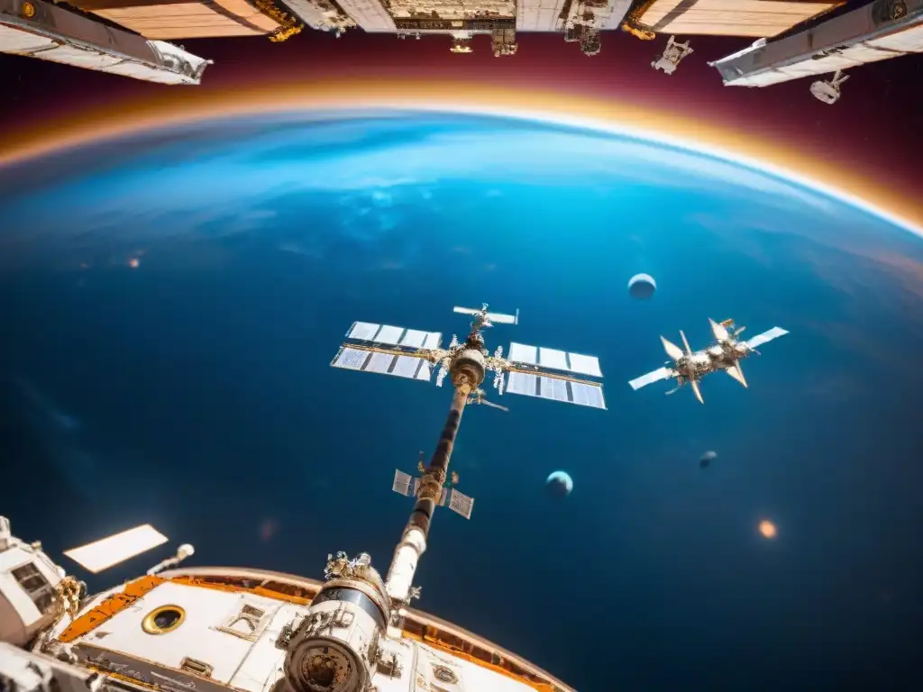 Estación espacial futurista: detalle, tecnología y colaboración Vibrante simulación espacial con astronautas, naves y tecnología futurista en estación espacial