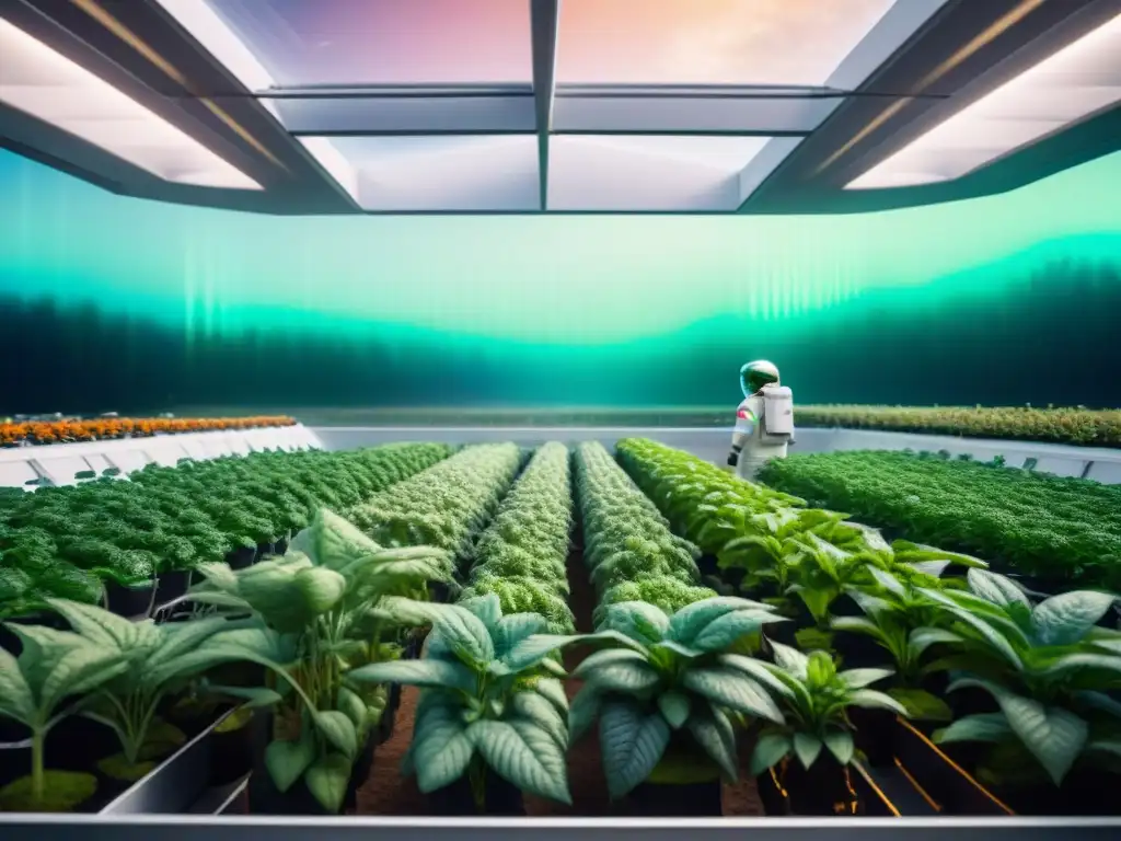 Vibrante agricultura espacial para misiones en nave futurista, astronautas cuidan plantas verdes en invernadero de alta tecnología