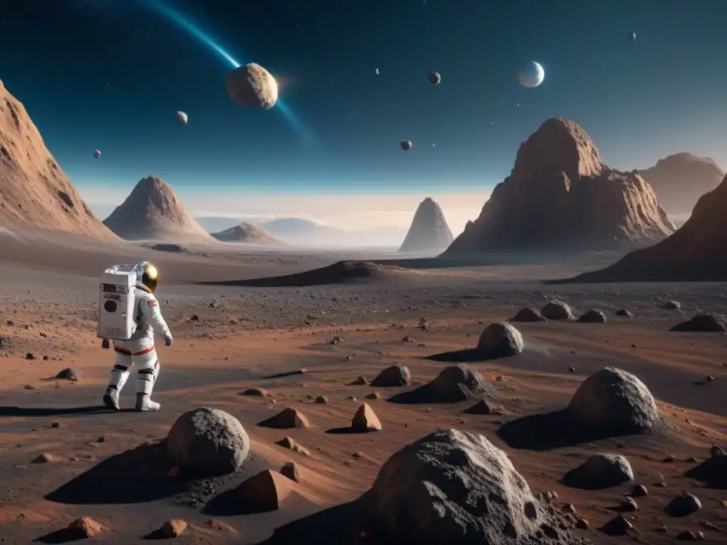 Un vibrante espacioportuario futurista en un asteroide, escena de competencia geopolítica por recursos asteroides