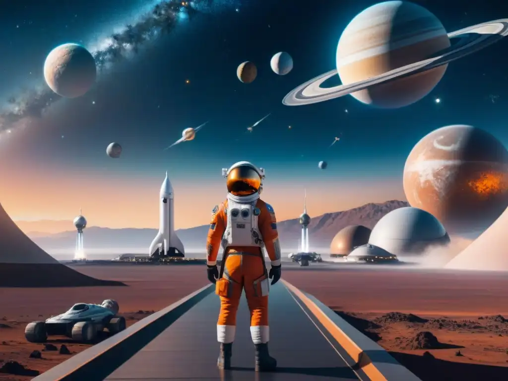 Spaceport futurista: Preparativos para viajes intergalácticos Un vibrante espacioportuario futurista con naves espaciales preparándose para viajes intergalácticos, destacando paquetes de viaje espacial