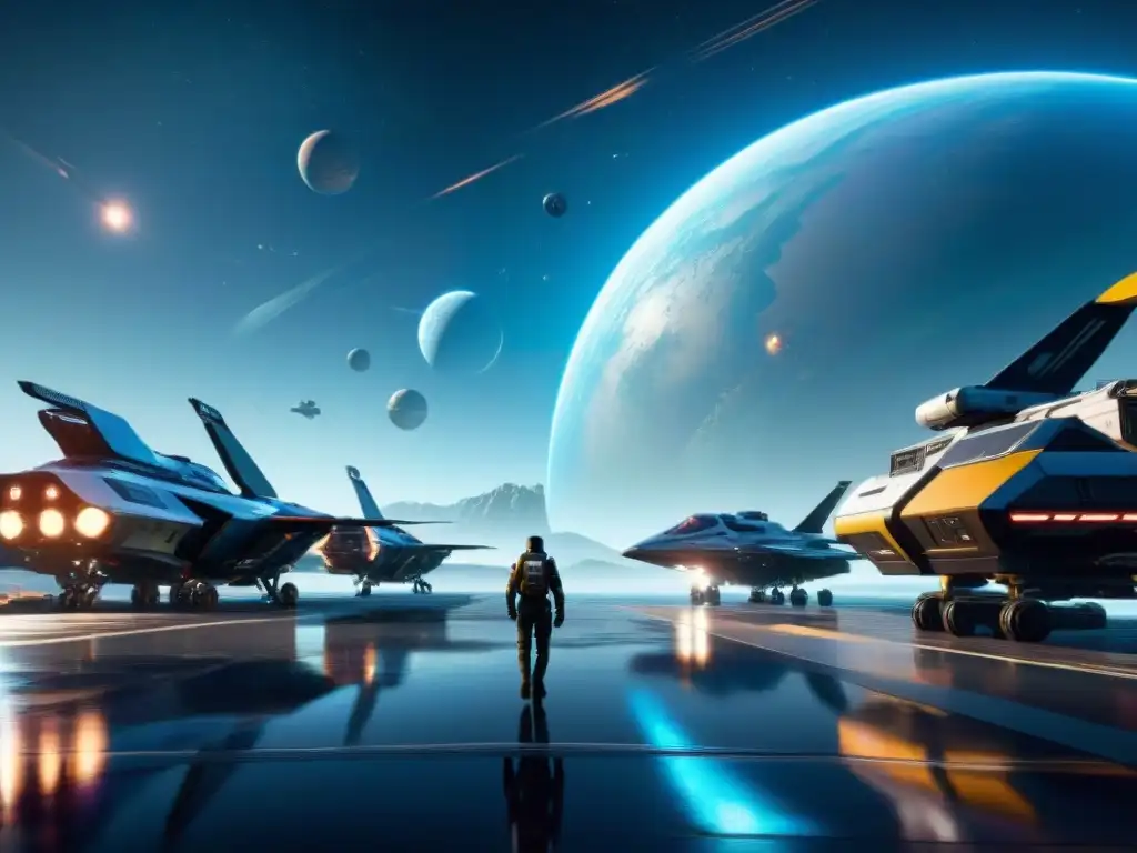 Un vibrante espacioportuario futurista en el universo de Star Citizen, con naves y tecnología detalladas