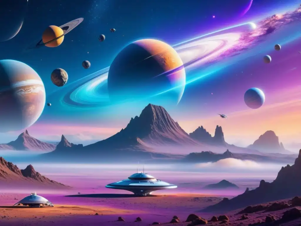 Un vibrante espacioportuario en un planeta distante, con naves espaciales partiendo hacia aventuras intergalácticas