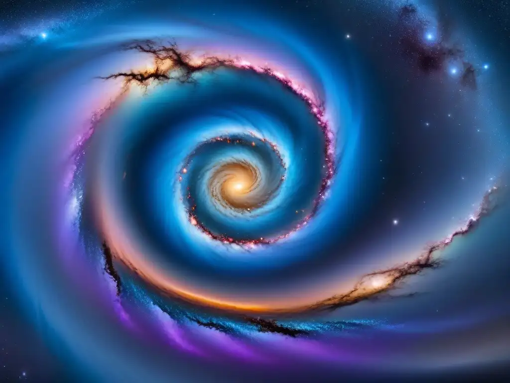 Vibrante galaxia espiral con colores azules, rosas y morados en paisaje cósmico