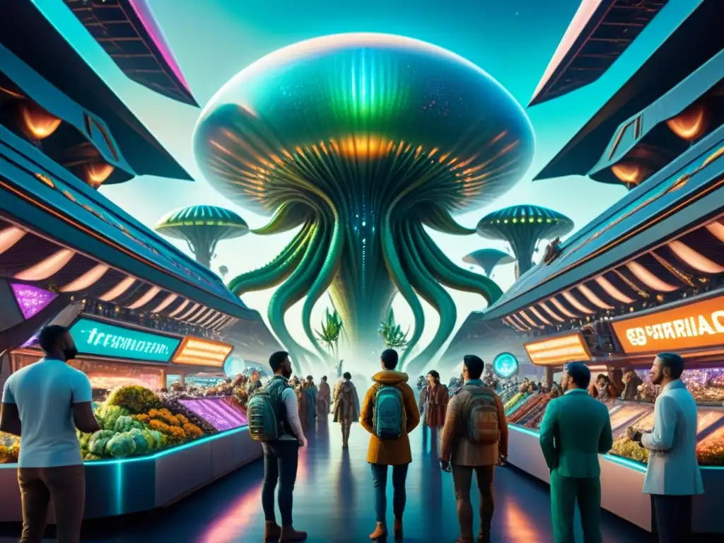 Un vibrante mercado intergaláctico lleno de especies alienígenas únicas, creando un ambiente de ciencia ficción cautivador