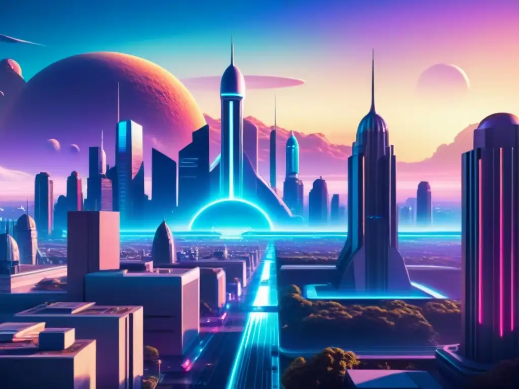 Descubre un vibrante paisaje retrofuturista en un planeta remoto, con edificios metálicos, autos voladores y robots humanoides