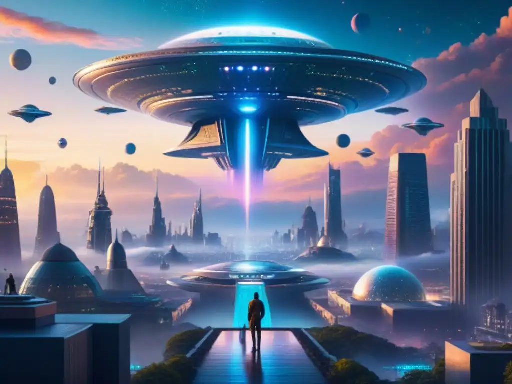 Un vibrante paisaje urbano futurista con humanos y extraterrestres amistosos colaborando en ciencia ficción bajo un cielo alienígena