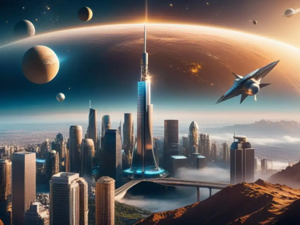 Un vibrante paisaje urbano futurista, impactado por el legado de la exploración espacial cambiando vidas