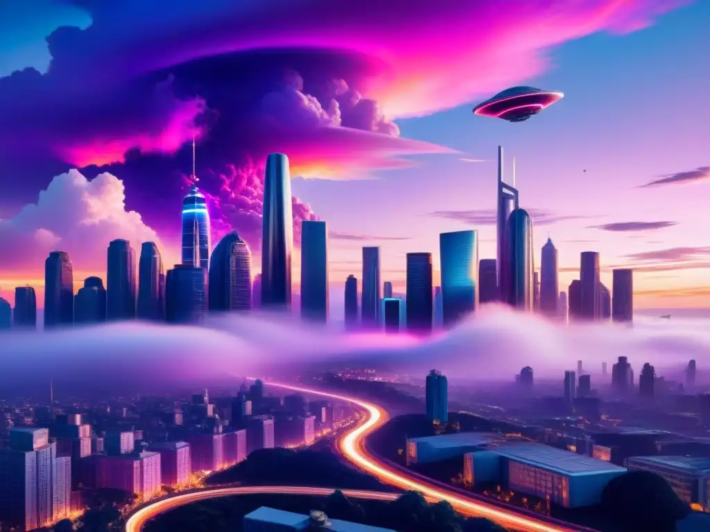 Un vibrante paisaje urbano futurista en un planeta alienígena, lleno de tecnología y seres exóticos, ideal para literatura juvenil ciencia ficción