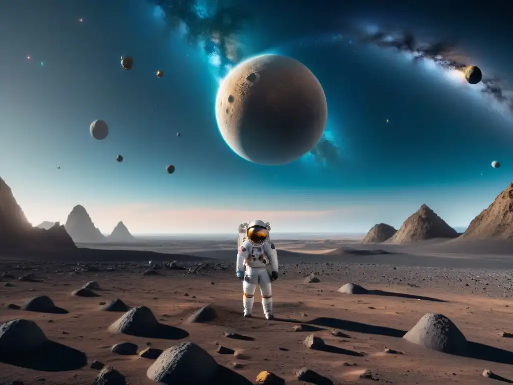 Un vibrante puerto espacial en un asteroide, reflejando la carrera por recursos asteroides en la geopolítica espacial