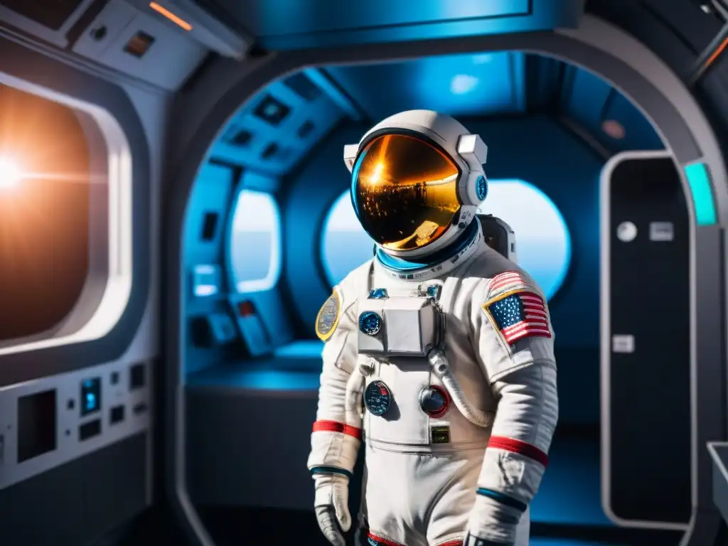 La vida diaria en el espacio: Astronauta flotando en estación espacial futurista con tecnología avanzada y vistas al cosmos