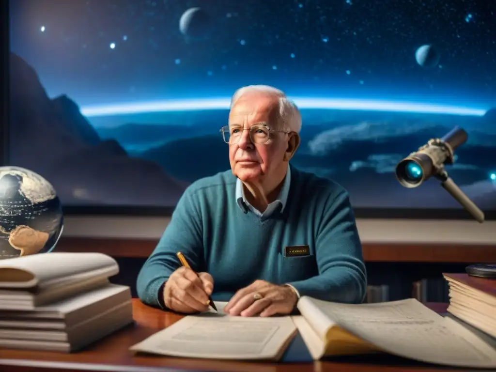 El astrónomo Frank Drake busca vida extraterrestre rodeado de ecuaciones en su estudio