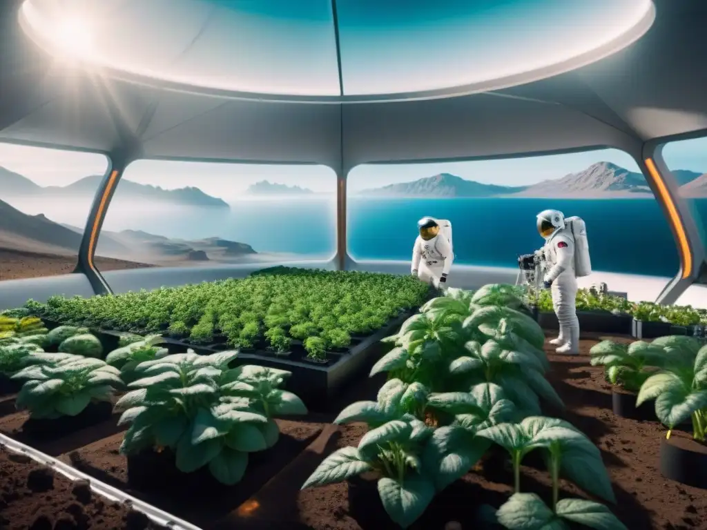 Vida en otros planetas tecnología: Futurista hábitat espacial con jardines hidropónicos y astronautas explorando en un mundo alienígena