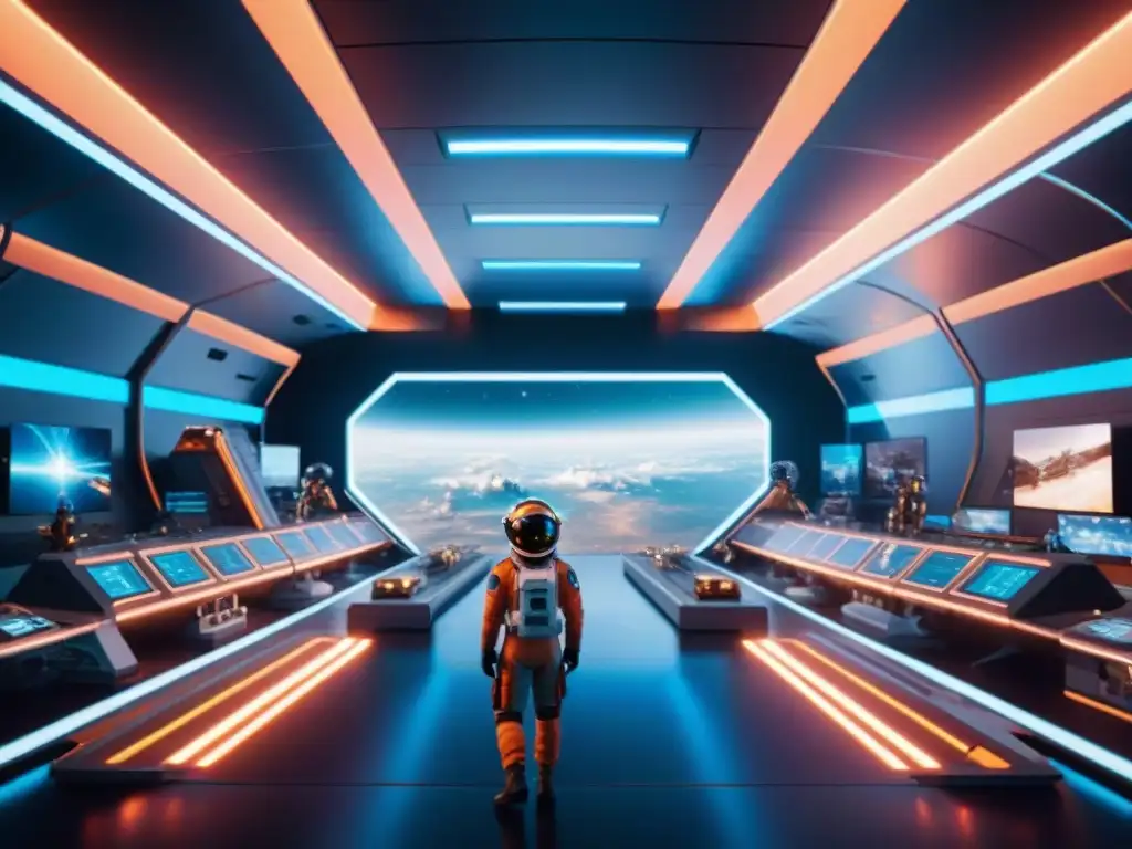 Videojuegos ciencia ficción redefinieron: Estación espacial futurista con tecnología avanzada, astronautas y naves en un universo estelar