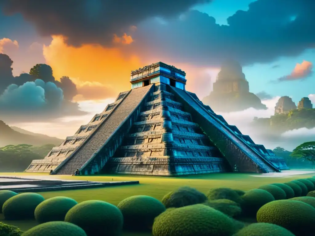 Videojuegos ciencia ficción viaje temporal: Nave futurista sobre templo maya en atardecer dorado