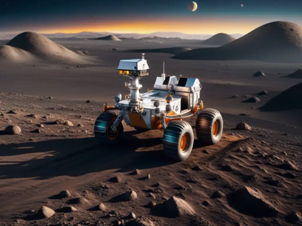 Una visión futurista: rover lunar avanzando en la superficie de la luna con la Tierra de fondo