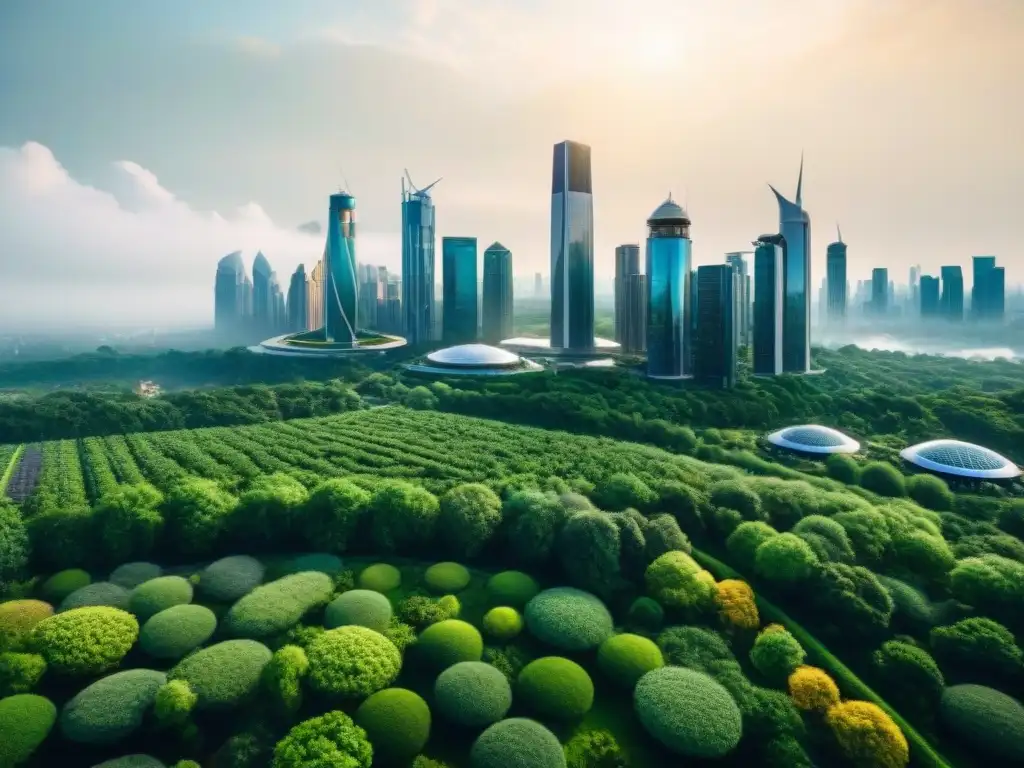 Una visión utópica donde la ciencia ficción y cambio climático se fusionan en una ciudad futurista verde y tecnológica