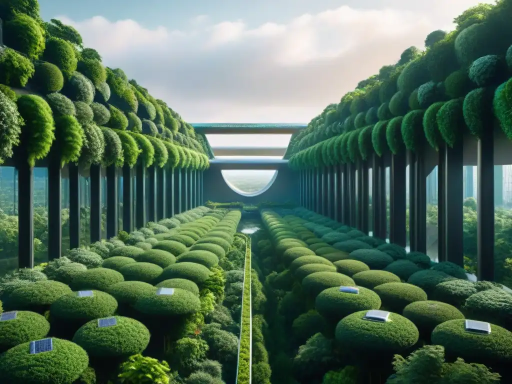 Una visión utópica de una ciudad futurista cubierta de vegetación, integrando tecnologías ecoamigables