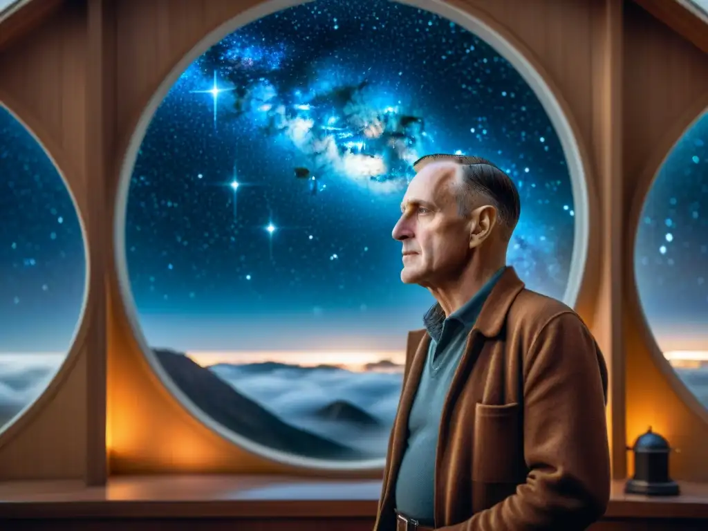 Un visionario Edwin Hubble en su observatorio, inmerso en la exploración del universo por visionarios