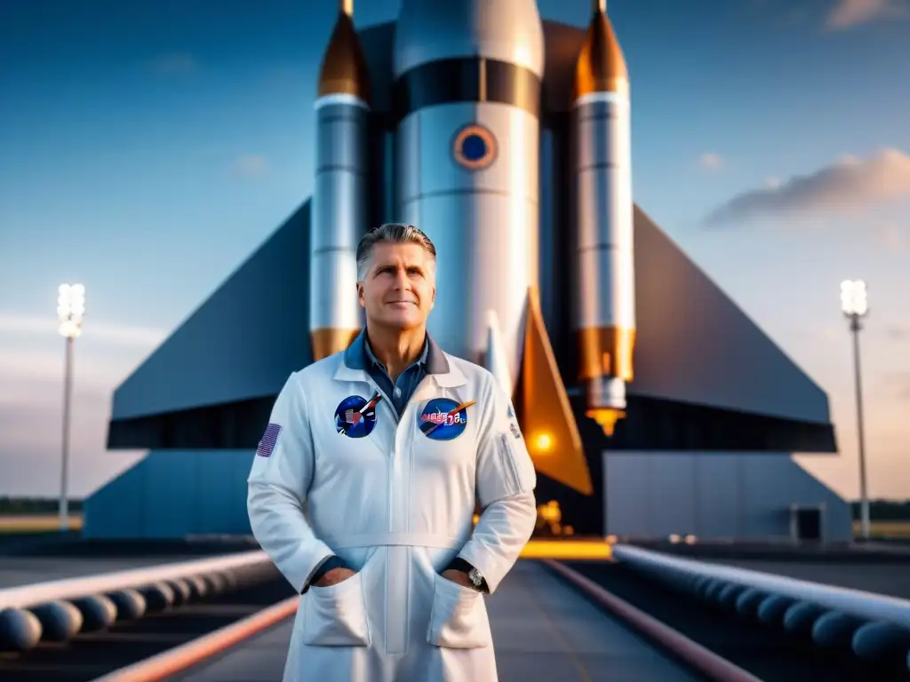 Wernher von Braun, el visionario líder de la exploración espacial, frente a un cohete masivo en un bullicioso puerto espacial