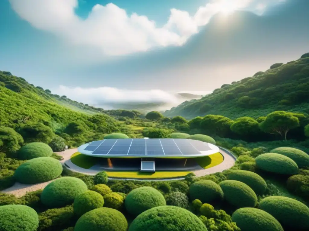 Vista detallada de una base espacial sostenible con vegetación exuberante y paneles solares, personas construyendo en armonía