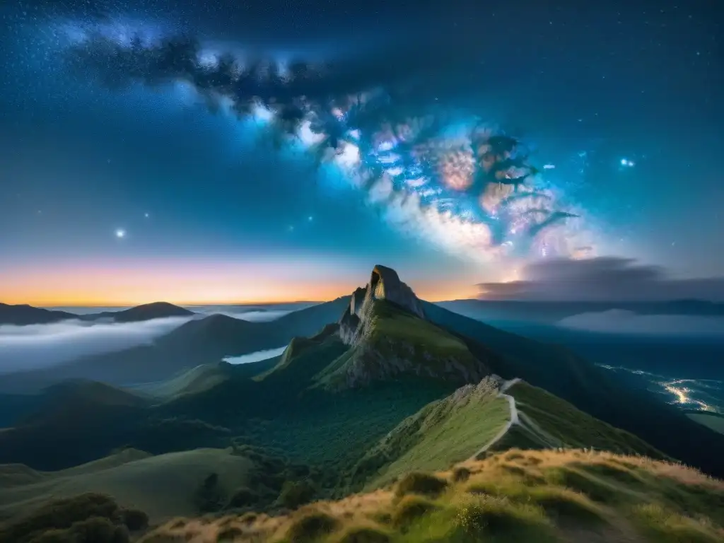 Vista detallada de la noche estrellada sobre una montaña, destacando la Vía Láctea y la contaminación lumínica en observación astronómica