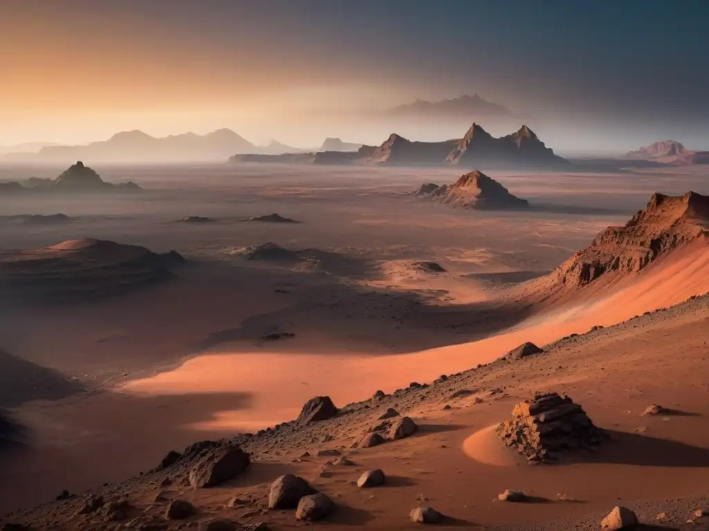 Vista detallada del paisaje marciano con sonda espacial perdida Marte, terreno rocoso y cielo claro