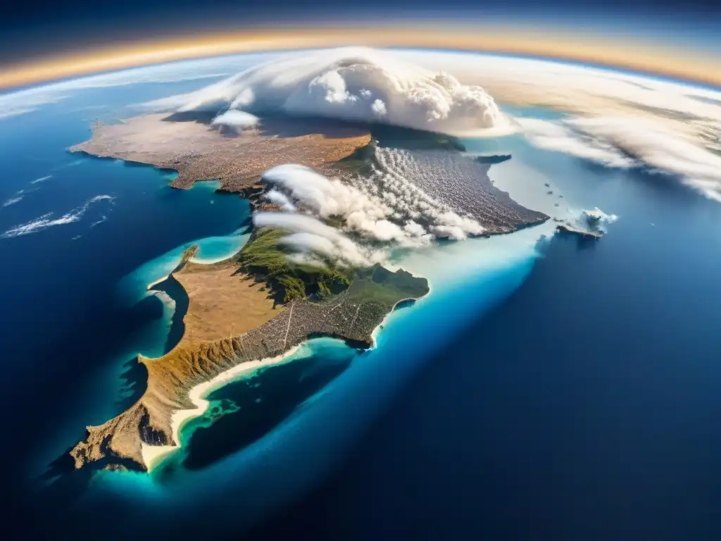 Vista detallada de la Tierra desde el espacio, con nubes blancas sobre océanos azules y continentes iluminados por redes de luces de ciudad