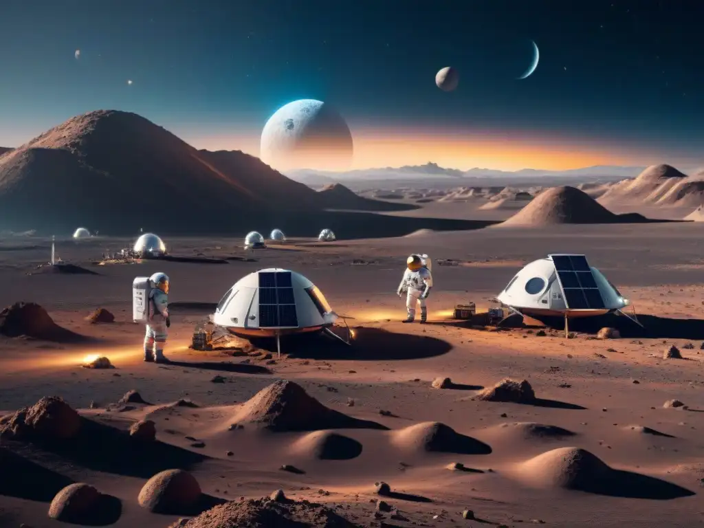 Vista futurista de un asentamiento lunar con tecnología avanzada y astronautas en acción