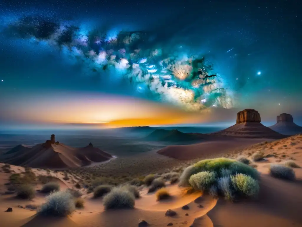 Vista impresionante de la Vía Láctea desde un desierto de gran altitud, mostrando la belleza del cosmos