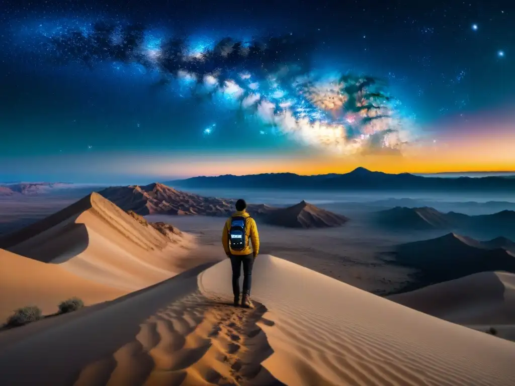 Vista impresionante de la Vía Láctea desde un desierto remoto con un telescopio listo para la Observación Espacial Universo Secretos