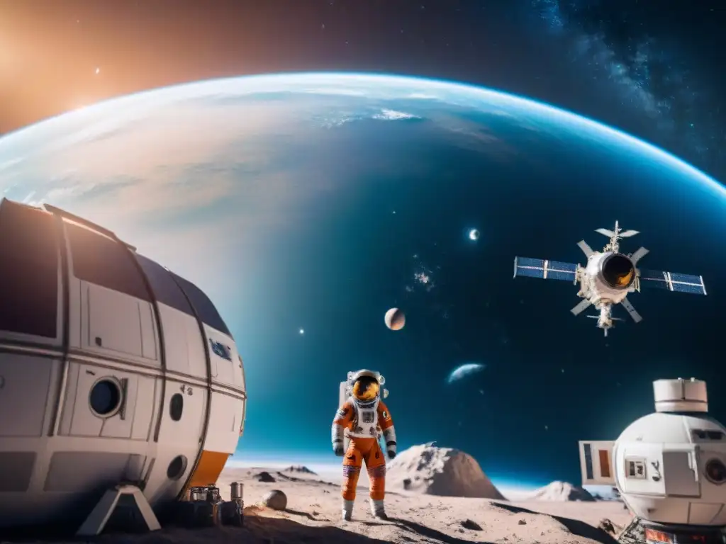 Vista impresionante de una estación espacial futurista orbitando un planeta distante, con humanos realizando experimentos en gravedad cero