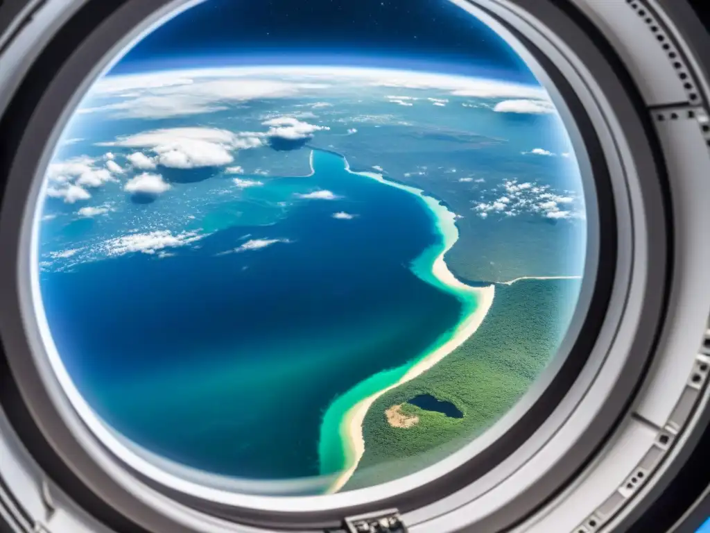 Vista impresionante desde nave espacial futurista, muestra la Tierra curvada y estrellas brillando en el espacio