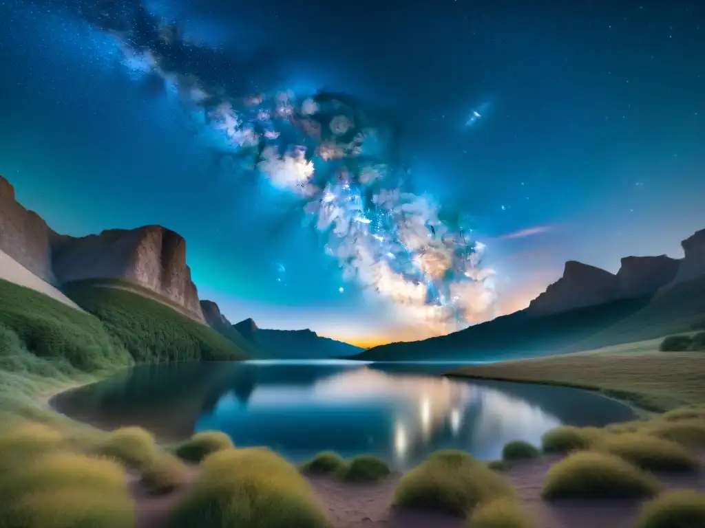 Espectacular vista de la Vía Láctea sobre un paisaje sereno Una vista impresionante de la Vía Láctea sobre un paisaje sereno con lago y montañas, ideal para fotografía astronómica Vía Láctea