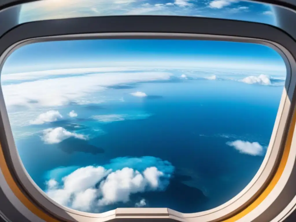 Vista impresionante de la Tierra desde el espacio, con océanos azules y nubes blancas, transmitiendo asombro y belleza del planeta, en un contexto de turismo espacial accesible para todos