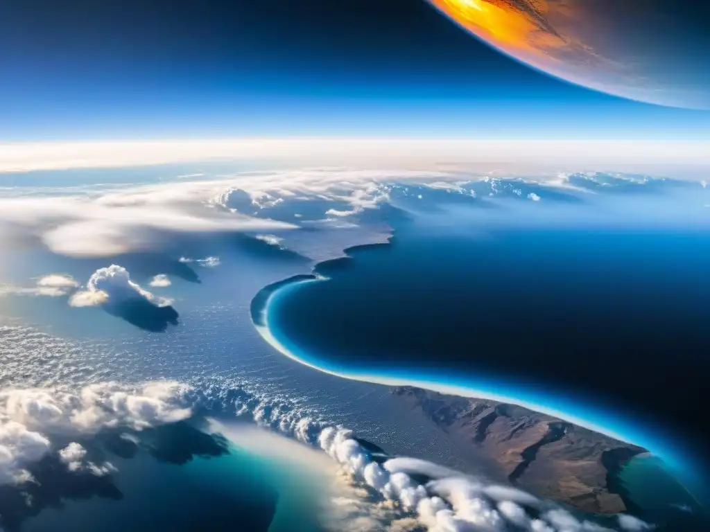 Vista impresionante de la Tierra desde un satélite, mostrando detalle de nubes, continentes y corrientes oceánicas