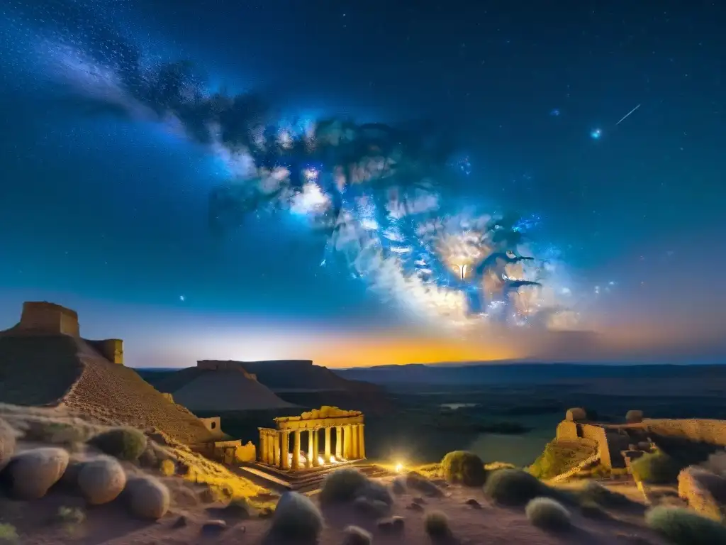 Una vista nocturna deslumbrante del cielo estrellado sobre un sitio arqueológico remoto, destacando la Vía Láctea y las ruinas antiguas